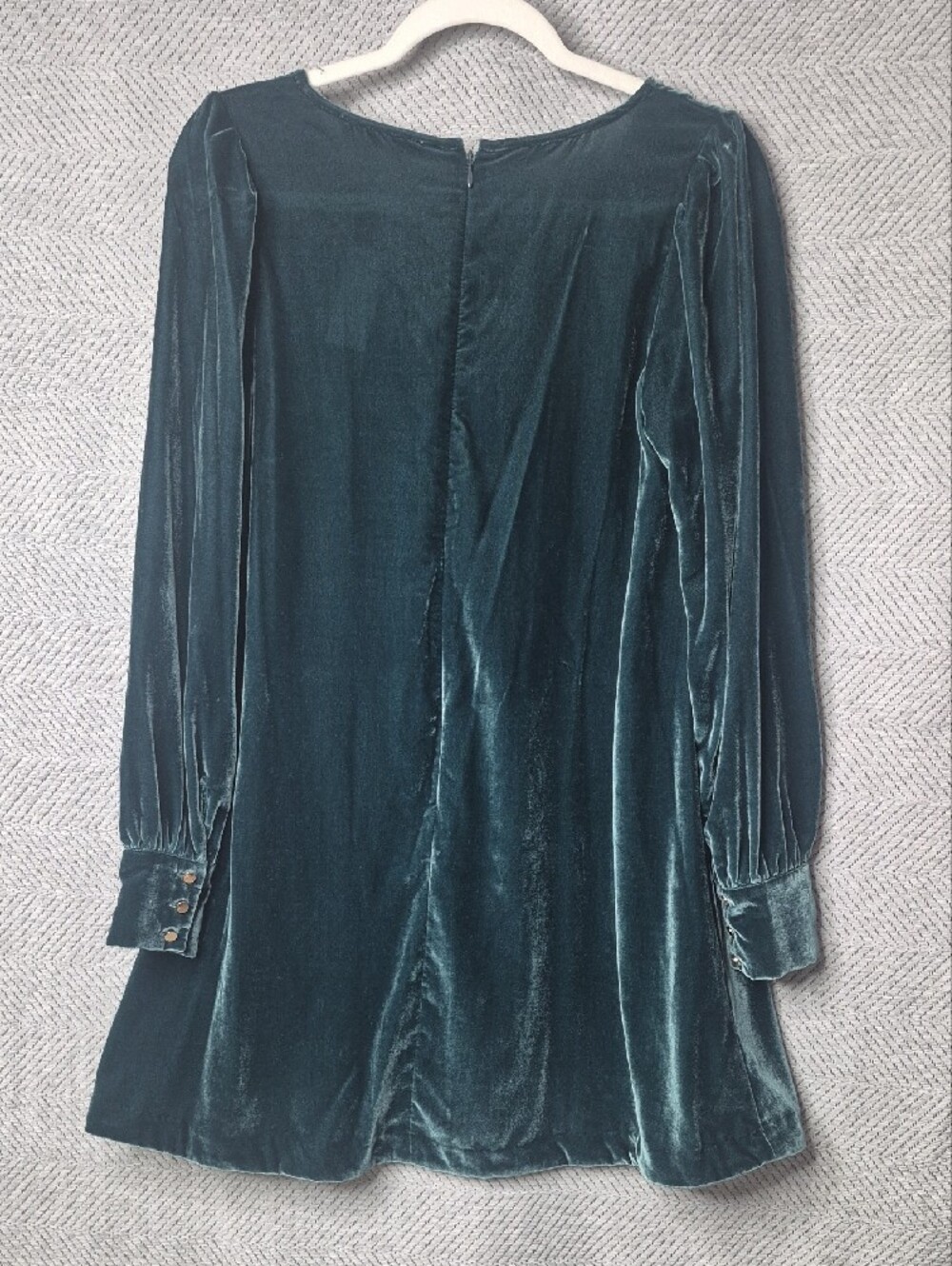 NWT LOFT Velvet V-Neck Puff Long Sleeve Tunic Mini Shift Dress Teal Women's XS - Picture 5 of 10
